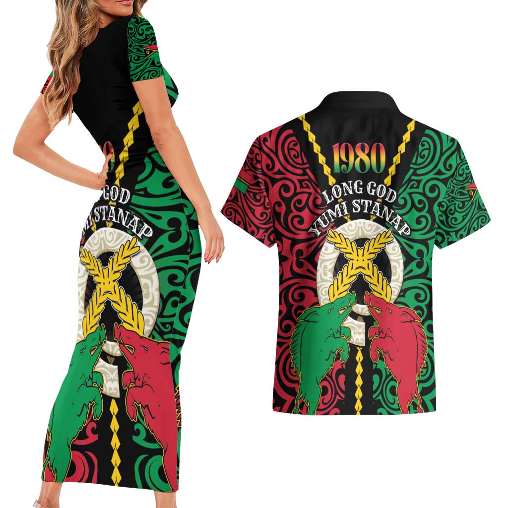 Vanuatu 45th Independence Day Couples Matching Short Sleeve Bodycon Dress and Hawaiian Shirt Long God Yumi Stanap Wild Boar LT05