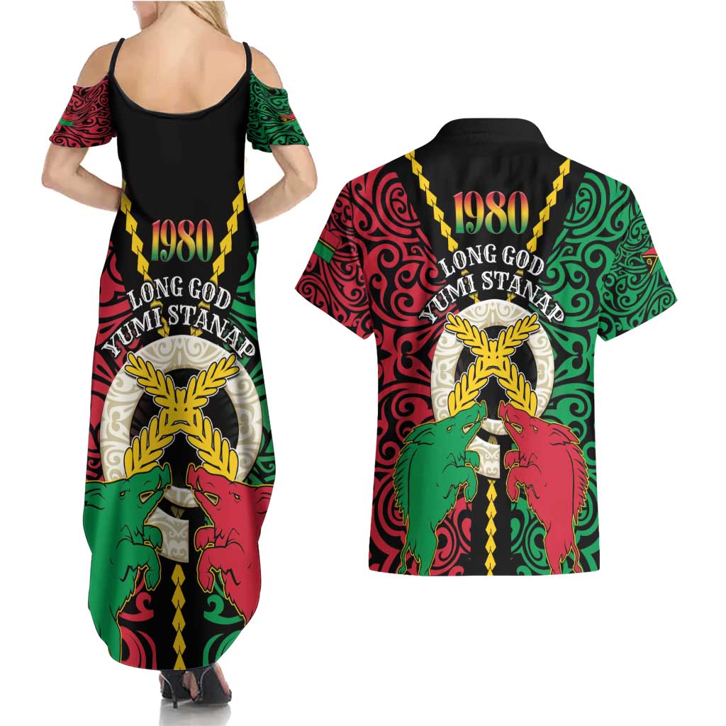 Vanuatu 45th Independence Day Couples Matching Summer Maxi Dress and Hawaiian Shirt Long God Yumi Stanap Wild Boar LT05