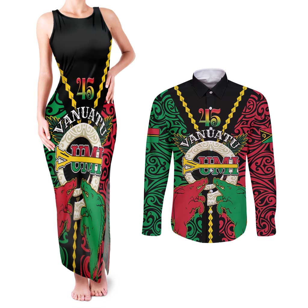 Vanuatu 45th Independence Day Couples Matching Tank Maxi Dress and Long Sleeve Button Shirt Long God Yumi Stanap Wild Boar LT05