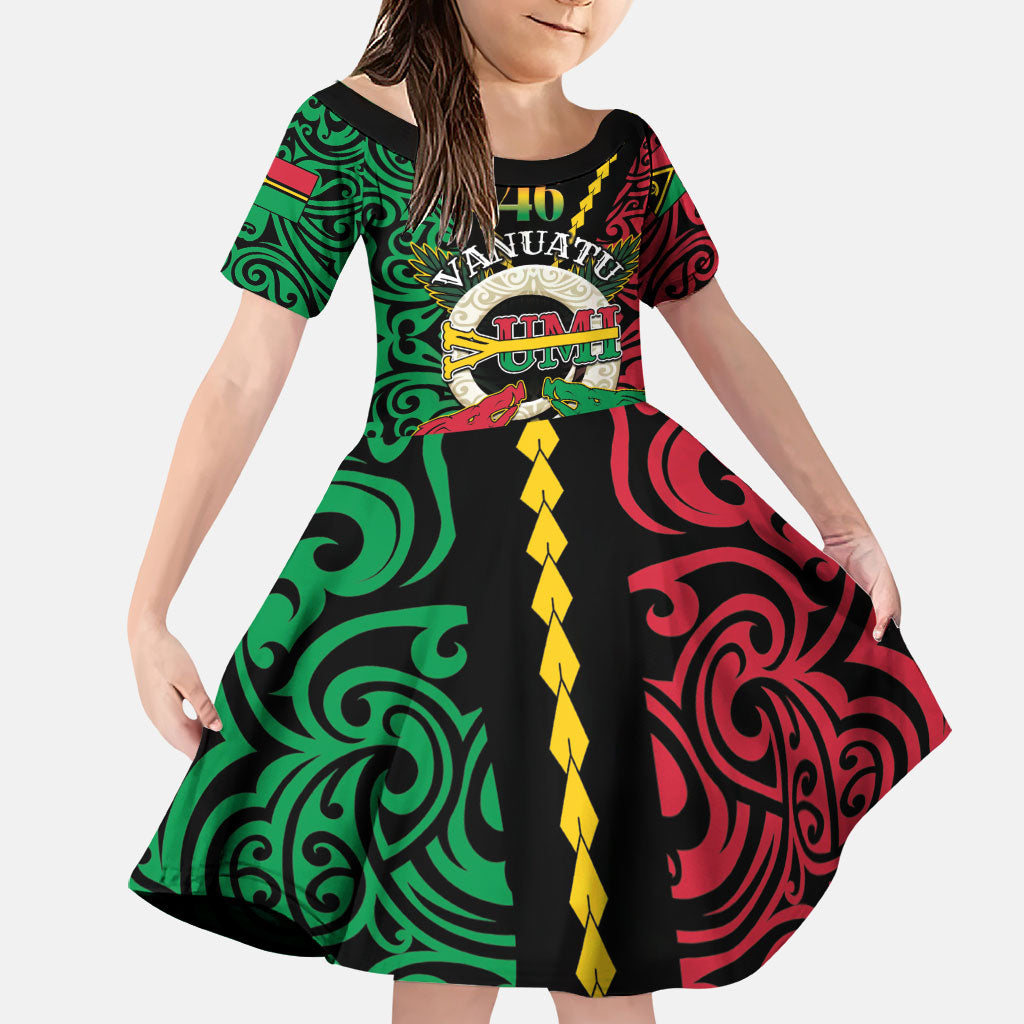 Vanuatu 46th Independence Day Family Matching Long Sleeve Bodycon Dress and Hawaiian Shirt Long God Yumi Stanap Wild Boar LT05 Daughter's Dress Black - Polynesian Pride