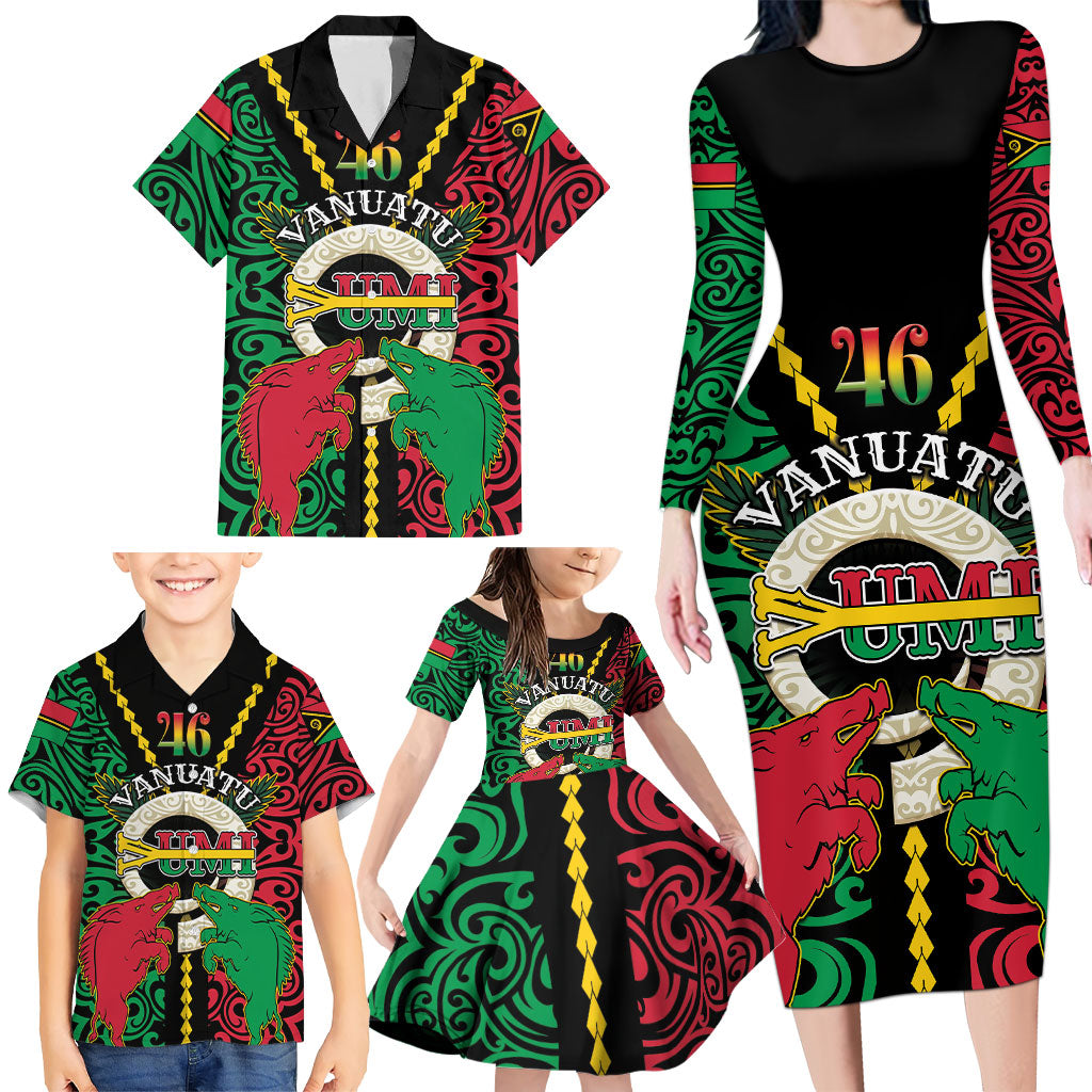 Vanuatu 46th Independence Day Family Matching Long Sleeve Bodycon Dress and Hawaiian Shirt Long God Yumi Stanap Wild Boar LT05 - Polynesian Pride