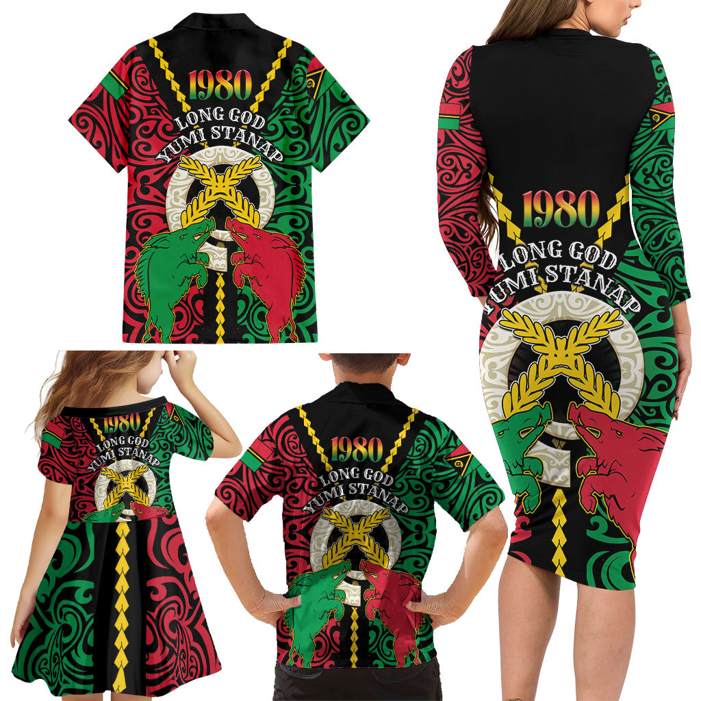 Vanuatu 46th Independence Day Family Matching Long Sleeve Bodycon Dress and Hawaiian Shirt Long God Yumi Stanap Wild Boar LT05 - Polynesian Pride