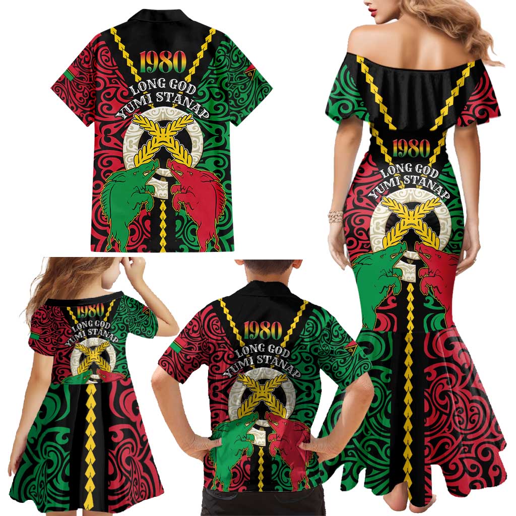Vanuatu 45th Independence Day Family Matching Mermaid Dress and Hawaiian Shirt Long God Yumi Stanap Wild Boar LT05