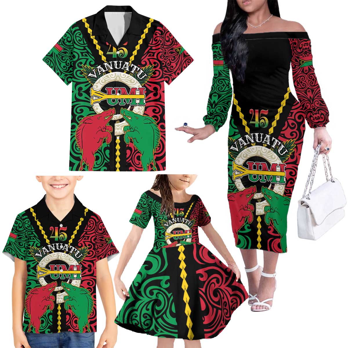 Vanuatu 46th Independence Day Family Matching Off The Shoulder Long Sleeve Dress and Hawaiian Shirt Long God Yumi Stanap Wild Boar LT05 - Polynesian Pride