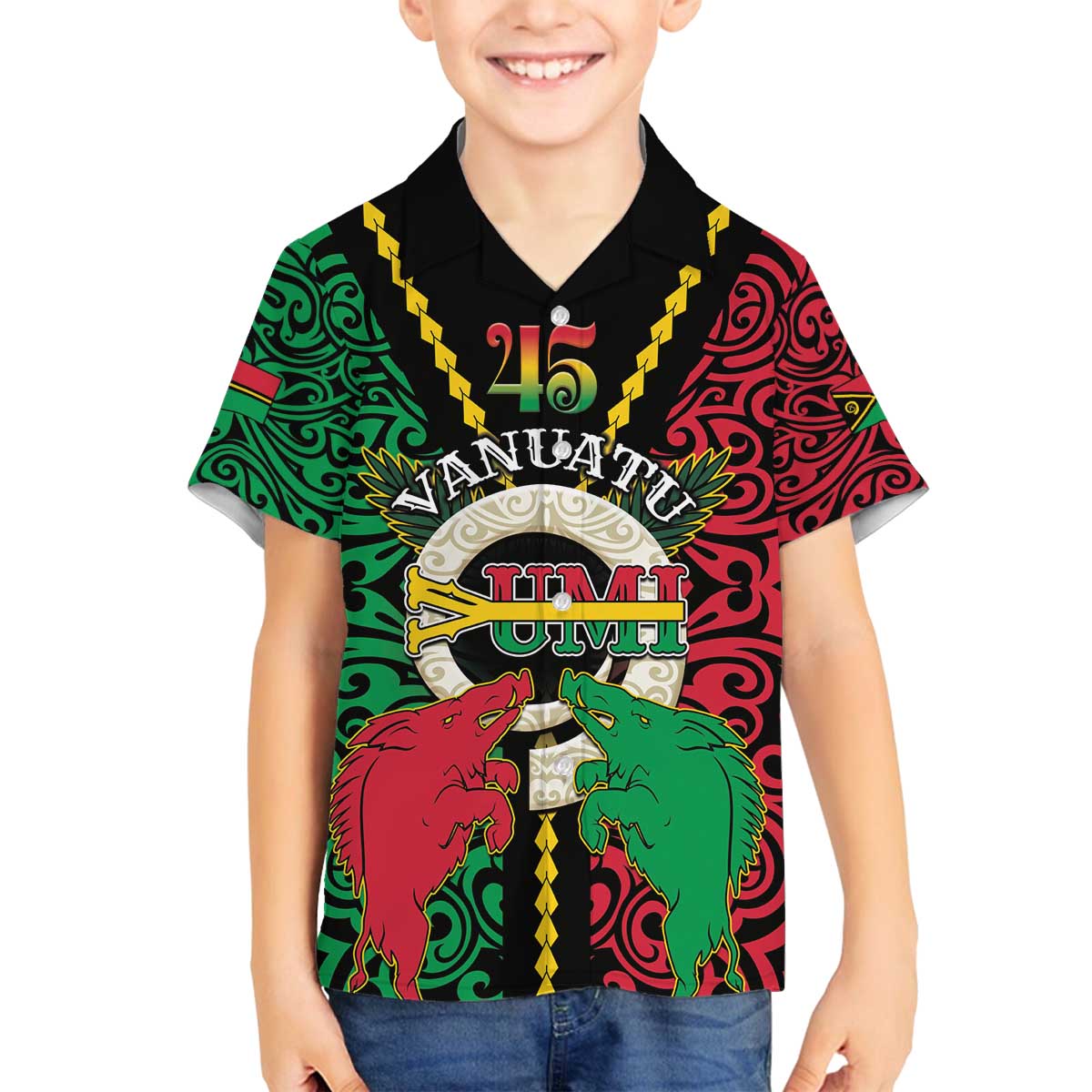 Vanuatu 45th Independence Day Family Matching Off The Shoulder Long Sleeve Dress and Hawaiian Shirt Long God Yumi Stanap Wild Boar LT05