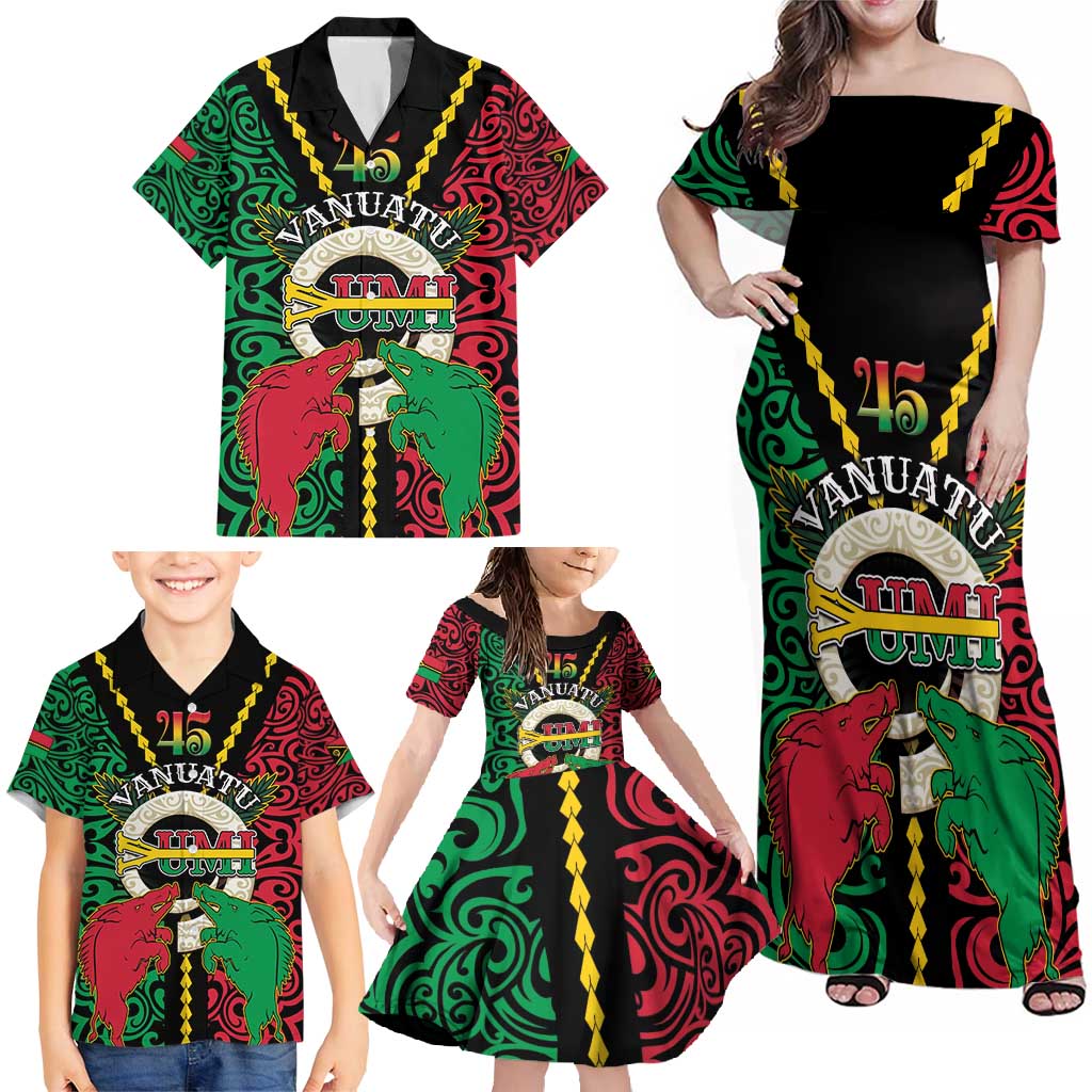 Vanuatu 45th Independence Day Family Matching Off Shoulder Maxi Dress and Hawaiian Shirt Long God Yumi Stanap Wild Boar LT05