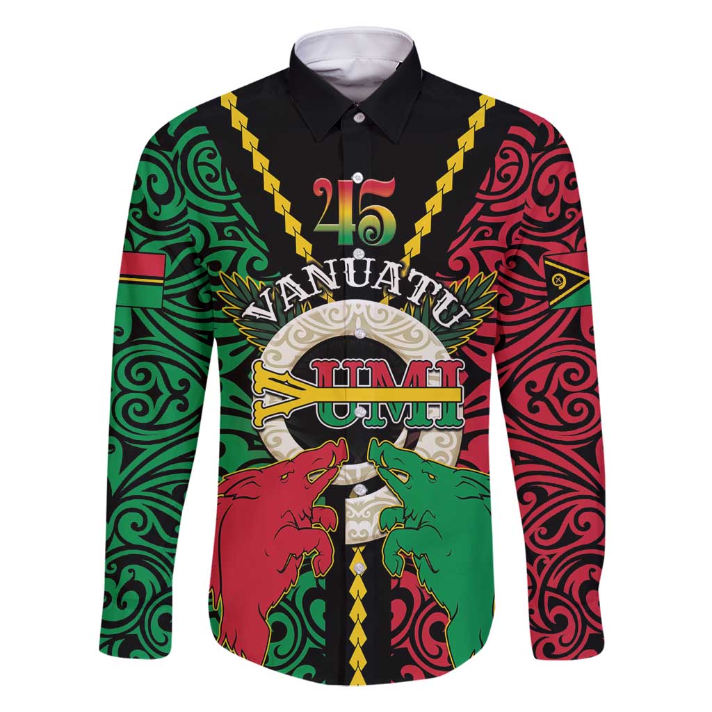 Vanuatu 45th Independence Day Family Matching Off Shoulder Maxi Dress and Hawaiian Shirt Long God Yumi Stanap Wild Boar LT05