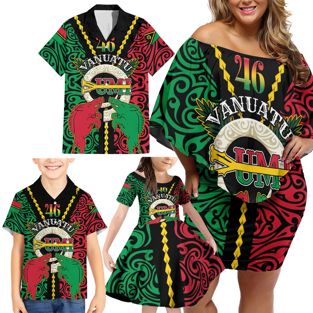 Vanuatu 46th Independence Day Family Matching Off Shoulder Short Dress and Hawaiian Shirt Long God Yumi Stanap Wild Boar LT05 - Polynesian Pride