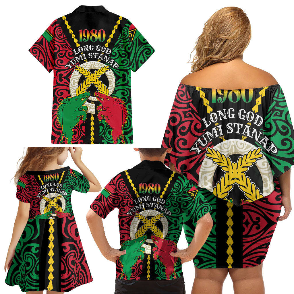 Vanuatu 46th Independence Day Family Matching Off Shoulder Short Dress and Hawaiian Shirt Long God Yumi Stanap Wild Boar LT05 - Polynesian Pride