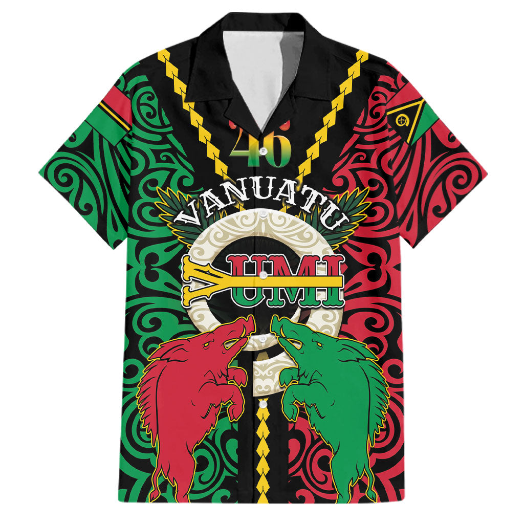 Vanuatu 46th Independence Day Family Matching Off Shoulder Short Dress and Hawaiian Shirt Long God Yumi Stanap Wild Boar LT05 Dad's Shirt - Short Sleeve Black - Polynesian Pride