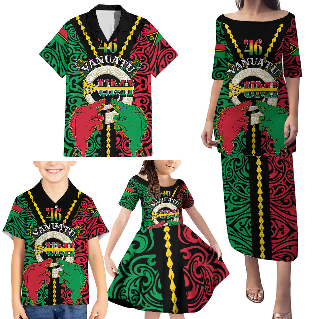 Vanuatu 46th Independence Day Family Matching Puletasi and Hawaiian Shirt Long God Yumi Stanap Wild Boar LT05 - Polynesian Pride