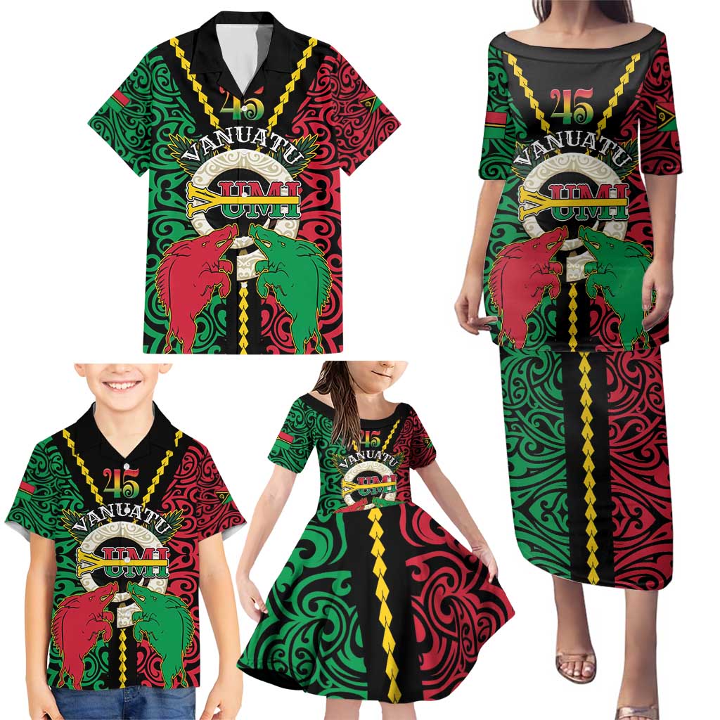 Vanuatu 45th Independence Day Family Matching Puletasi and Hawaiian Shirt Long God Yumi Stanap Wild Boar LT05