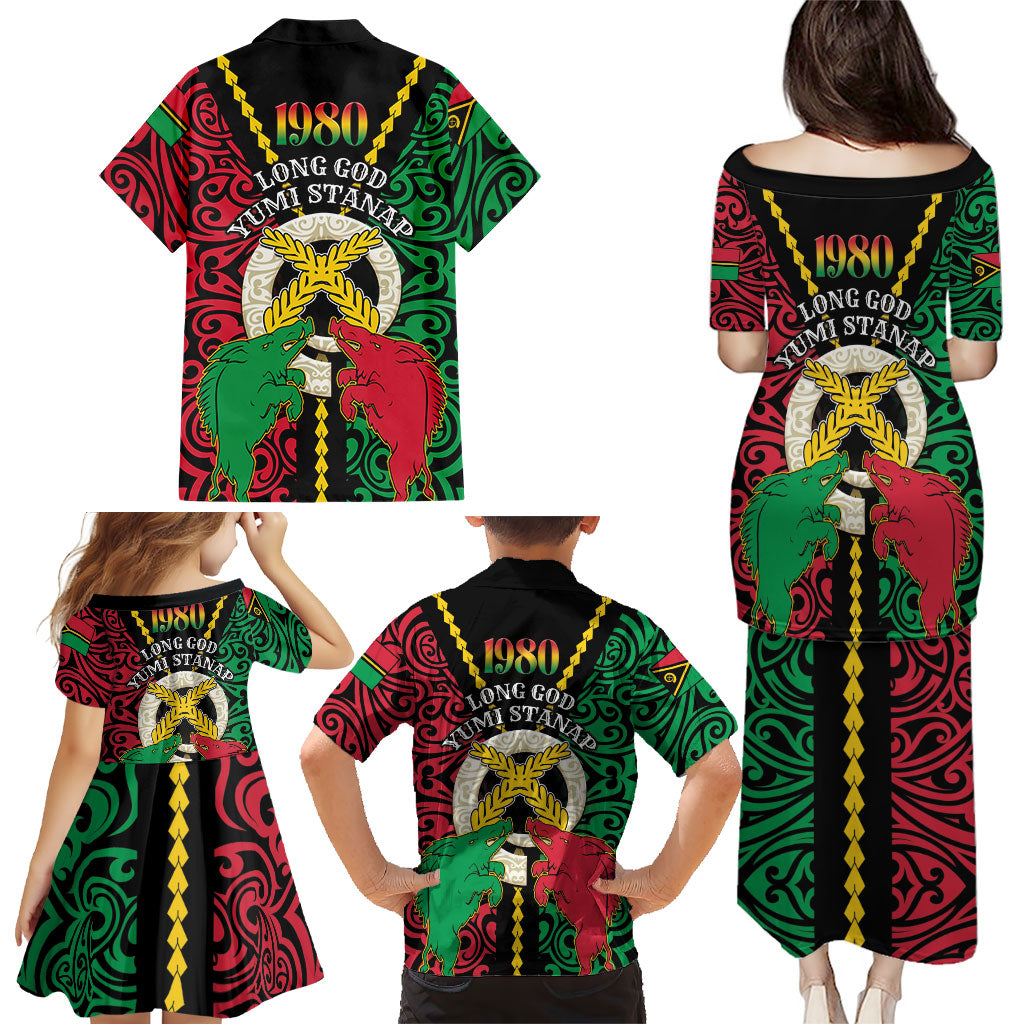 Vanuatu 46th Independence Day Family Matching Puletasi and Hawaiian Shirt Long God Yumi Stanap Wild Boar LT05 - Polynesian Pride