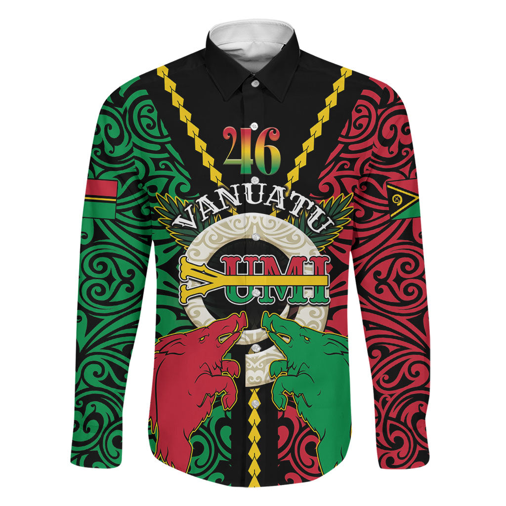 Vanuatu 46th Independence Day Family Matching Puletasi and Hawaiian Shirt Long God Yumi Stanap Wild Boar LT05 Dad's Shirt - Long Sleeve Black - Polynesian Pride