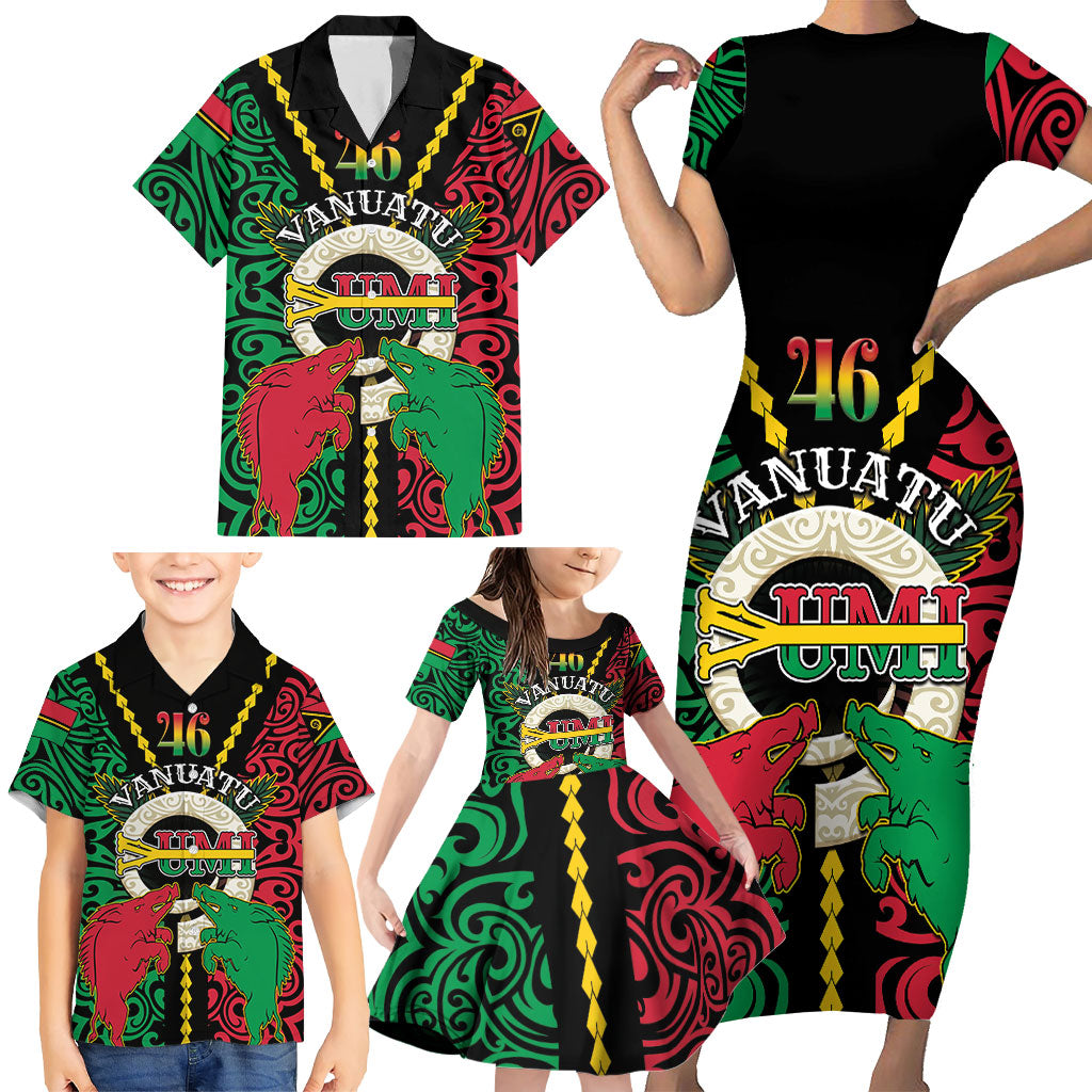 Vanuatu 46th Independence Day Family Matching Short Sleeve Bodycon Dress and Hawaiian Shirt Long God Yumi Stanap Wild Boar LT05 - Polynesian Pride