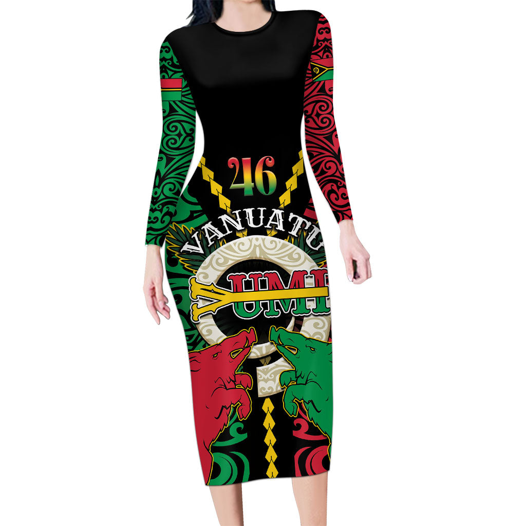 Vanuatu 46th Independence Day Long Sleeve Bodycon Dress Long God Yumi Stanap Wild Boar LT05 Long Dress Black - Polynesian Pride