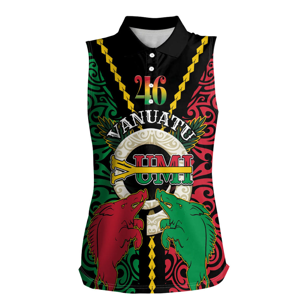 Vanuatu 46th Independence Day Women Sleeveless Polo Shirt Long God Yumi Stanap Wild Boar LT05 Female Black - Polynesian Pride