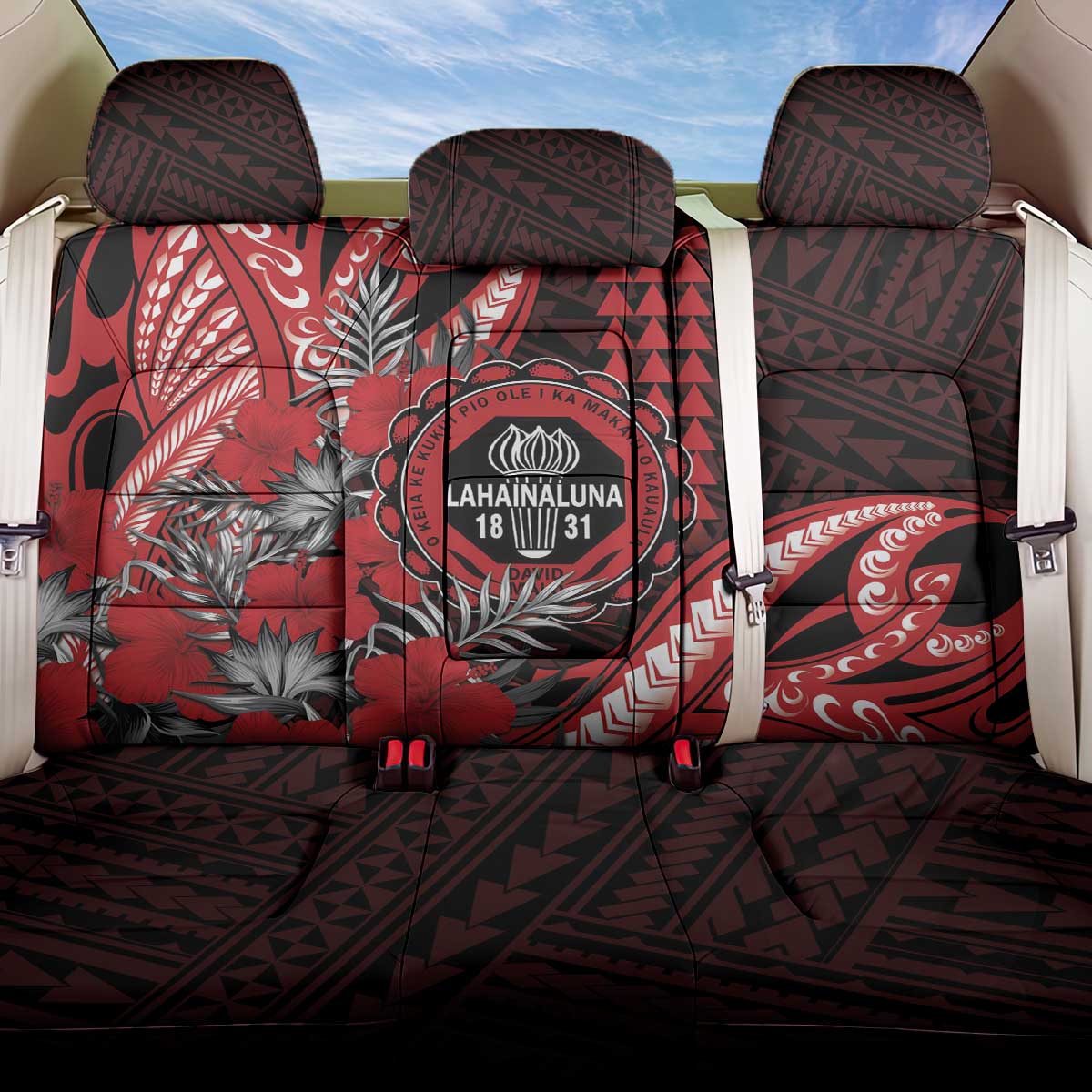 Hawaii Lahainaluna High School Back Car Seat Cover Tribal Tattoo With Hibiscus Flowers