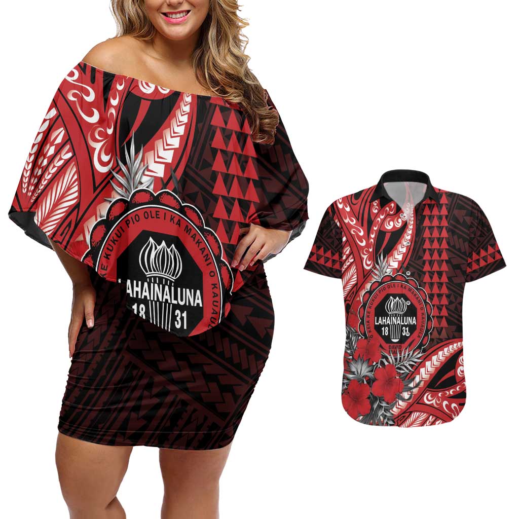 Personalized Hawaii Lahainaluna High School Couples Matching Off Shoulder Short Dress and Hawaiian Shirt Tribal Tattoo With Hibiscus Flowers LT05 Red - Polynesian Pride