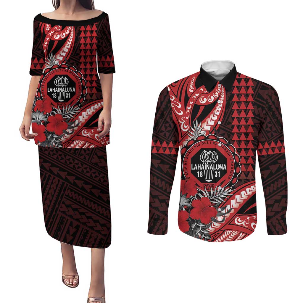 Personalized Hawaii Lahainaluna High School Couples Matching Puletasi and Long Sleeve Button Shirt Tribal Tattoo With Hibiscus Flowers