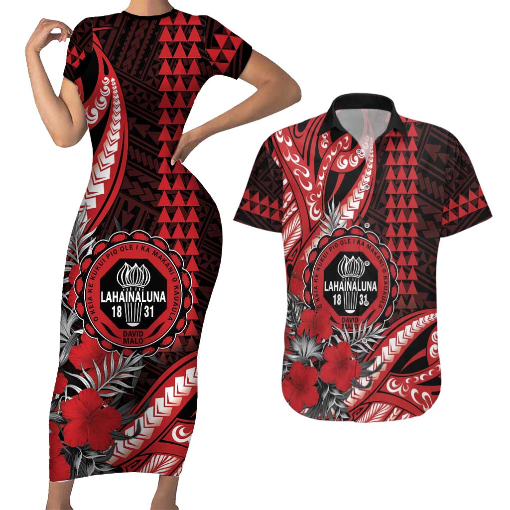 Personalized Hawaii Lahainaluna High School Couples Matching Short Sleeve Bodycon Dress and Hawaiian Shirt Tribal Tattoo With Hibiscus Flowers LT05 Red - Polynesian Pride