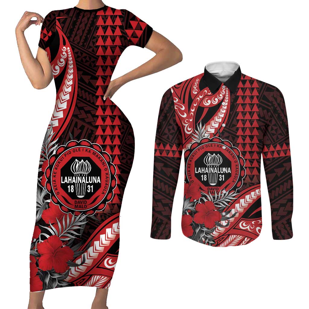 Personalized Hawaii Lahainaluna High School Couples Matching Short Sleeve Bodycon Dress and Long Sleeve Button Shirt Tribal Tattoo With Hibiscus Flowers