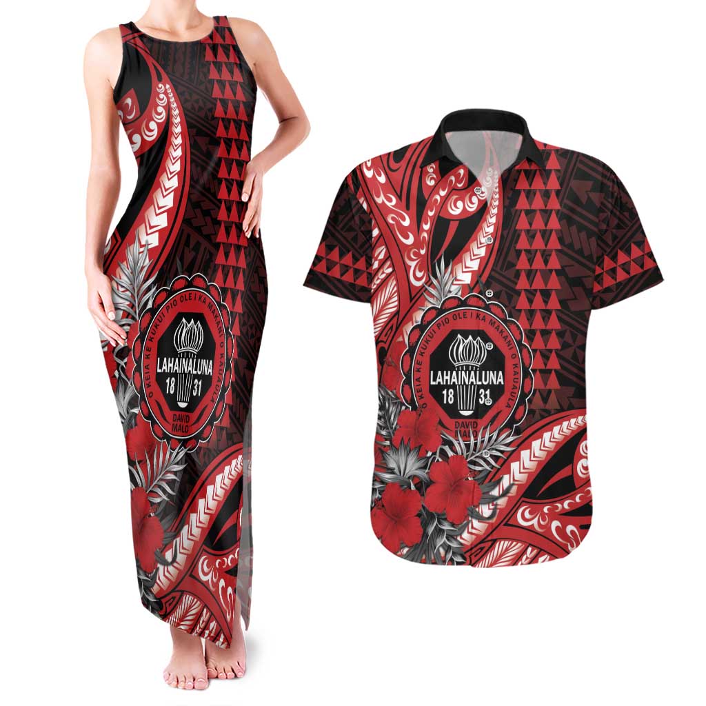 Personalized Hawaii Lahainaluna High School Couples Matching Tank Maxi Dress and Hawaiian Shirt Tribal Tattoo With Hibiscus Flowers LT05 Red - Polynesian Pride