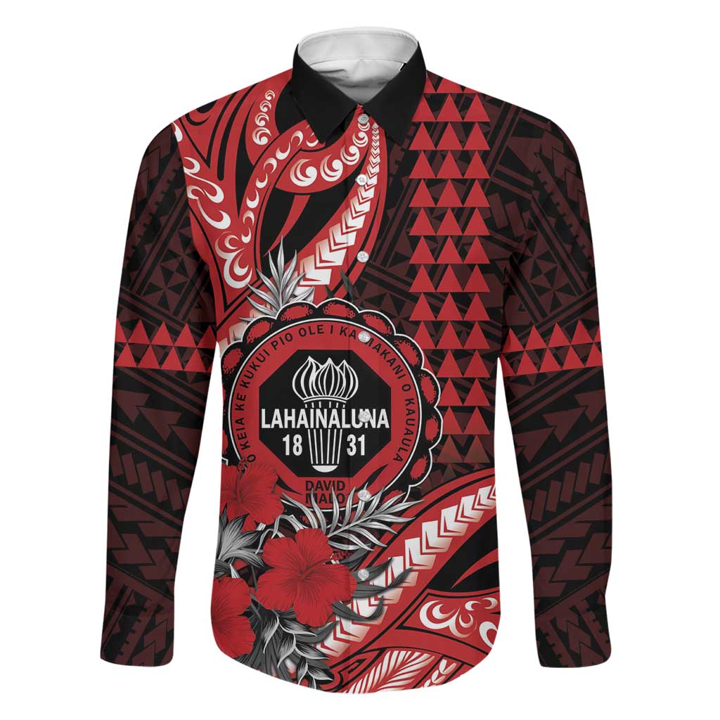 Personalized Hawaii Lahainaluna High School Family Matching Long Sleeve Bodycon Dress and Hawaiian Shirt Tribal Tattoo With Hibiscus Flowers LT05 Dad's Shirt - Long Sleeve Red - Polynesian Pride
