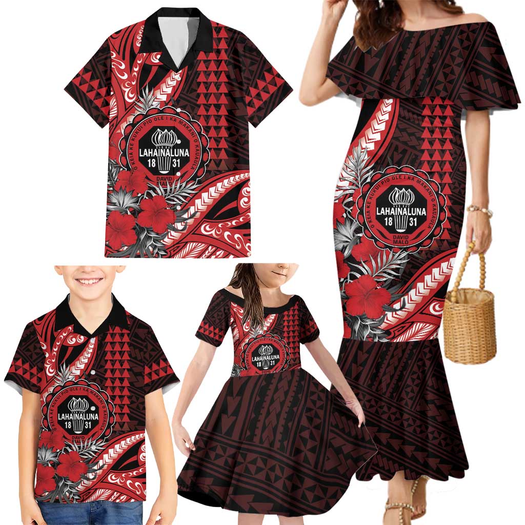 Personalized Hawaii Lahainaluna High School Family Matching Mermaid Dress and Hawaiian Shirt Tribal Tattoo With Hibiscus Flowers LT05 - Polynesian Pride