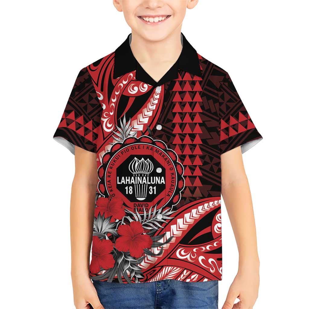 Personalized Hawaii Lahainaluna High School Family Matching Mermaid Dress and Hawaiian Shirt Tribal Tattoo With Hibiscus Flowers LT05 Son's Shirt Red - Polynesian Pride