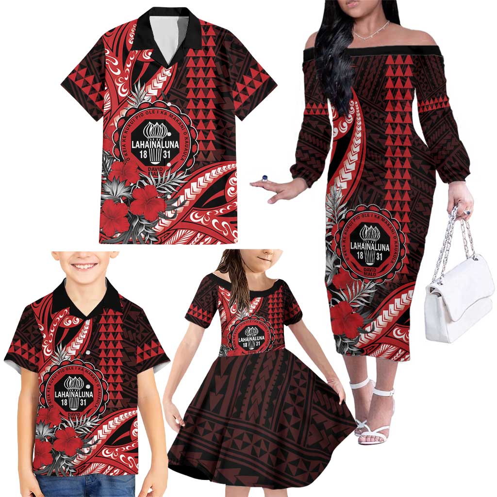Personalized Hawaii Lahainaluna High School Family Matching Off The Shoulder Long Sleeve Dress and Hawaiian Shirt Tribal Tattoo With Hibiscus Flowers LT05 - Polynesian Pride