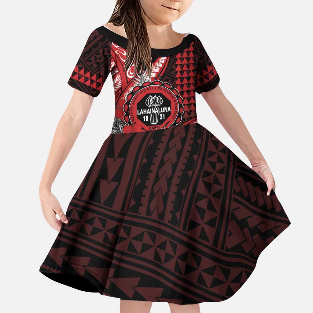 Personalized Hawaii Lahainaluna High School Family Matching Off Shoulder Maxi Dress and Hawaiian Shirt Tribal Tattoo With Hibiscus Flowers LT05 Daughter's Dress Red - Polynesian Pride