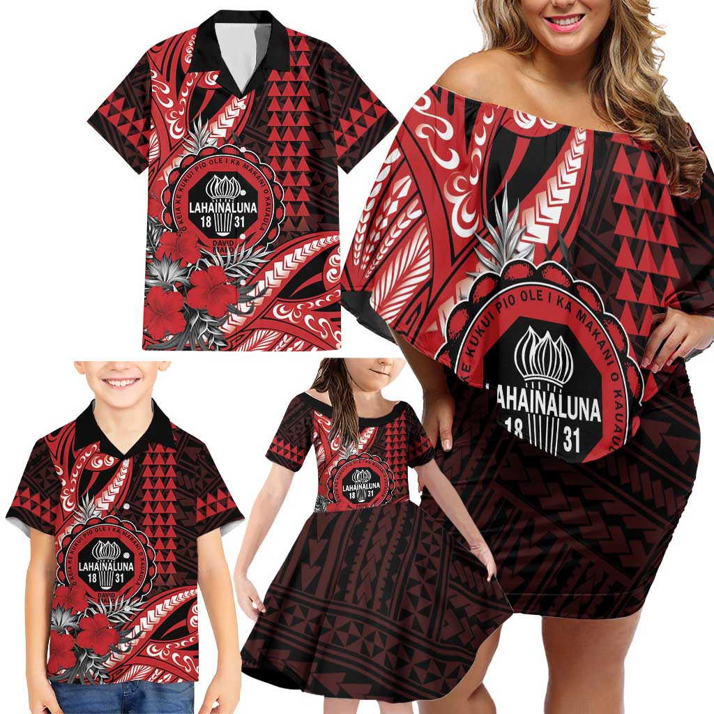 Personalized Hawaii Lahainaluna High School Family Matching Off Shoulder Short Dress and Hawaiian Shirt Tribal Tattoo With Hibiscus Flowers LT05 - Polynesian Pride