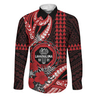 Personalized Hawaii Lahainaluna High School Family Matching Puletasi and Hawaiian Shirt Tribal Tattoo With Hibiscus Flowers LT05 Dad's Shirt - Long Sleeve Red - Polynesian Pride