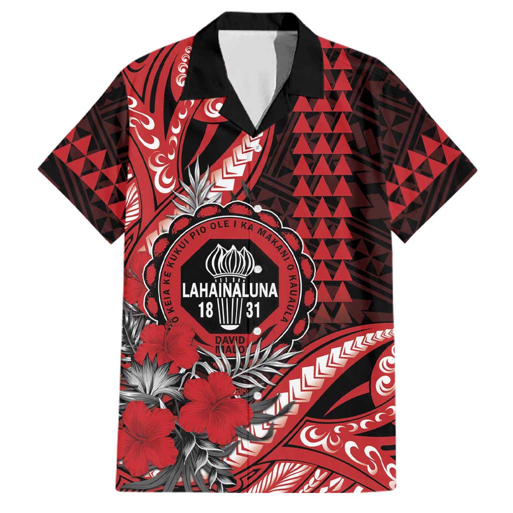 Personalized Hawaii Lahainaluna High School Family Matching Tank Maxi Dress and Hawaiian Shirt Tribal Tattoo With Hibiscus Flowers LT05 Dad's Shirt - Short Sleeve Red - Polynesian Pride