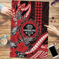 Hawaii Lahainaluna High School Puzzle Tribal Tattoo With Hibiscus Flowers LT05 Red - Polynesian Pride