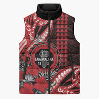 Personalized Hawaii Lahainaluna High School Sleeveless Puffer Jacket Tribal Tattoo With Hibiscus Flowers LT05 Unisex Red - Polynesian Pride
