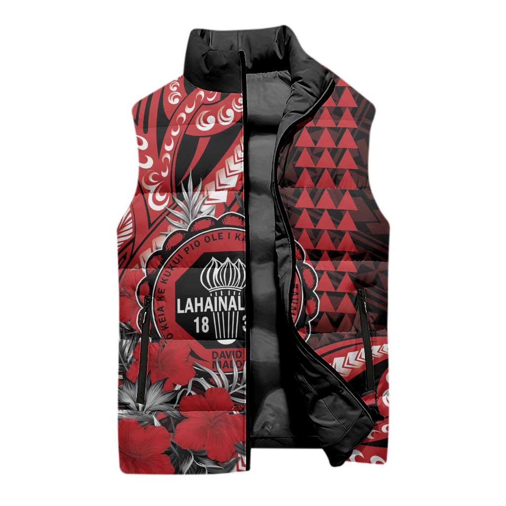 Personalized Hawaii Lahainaluna High School Sleeveless Puffer Jacket Tribal Tattoo With Hibiscus Flowers LT05 - Polynesian Pride
