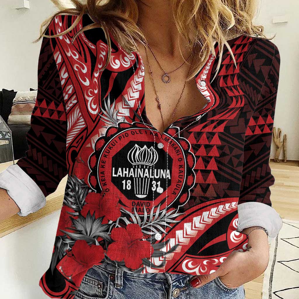 Personalized Hawaii Lahainaluna High School Women Casual Shirt Tribal Tattoo With Hibiscus Flowers LT05 Female Red - Polynesian Pride