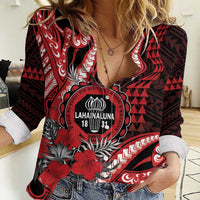 Personalized Hawaii Lahainaluna High School Women Casual Shirt Tribal Tattoo With Hibiscus Flowers LT05 Female Red - Polynesian Pride