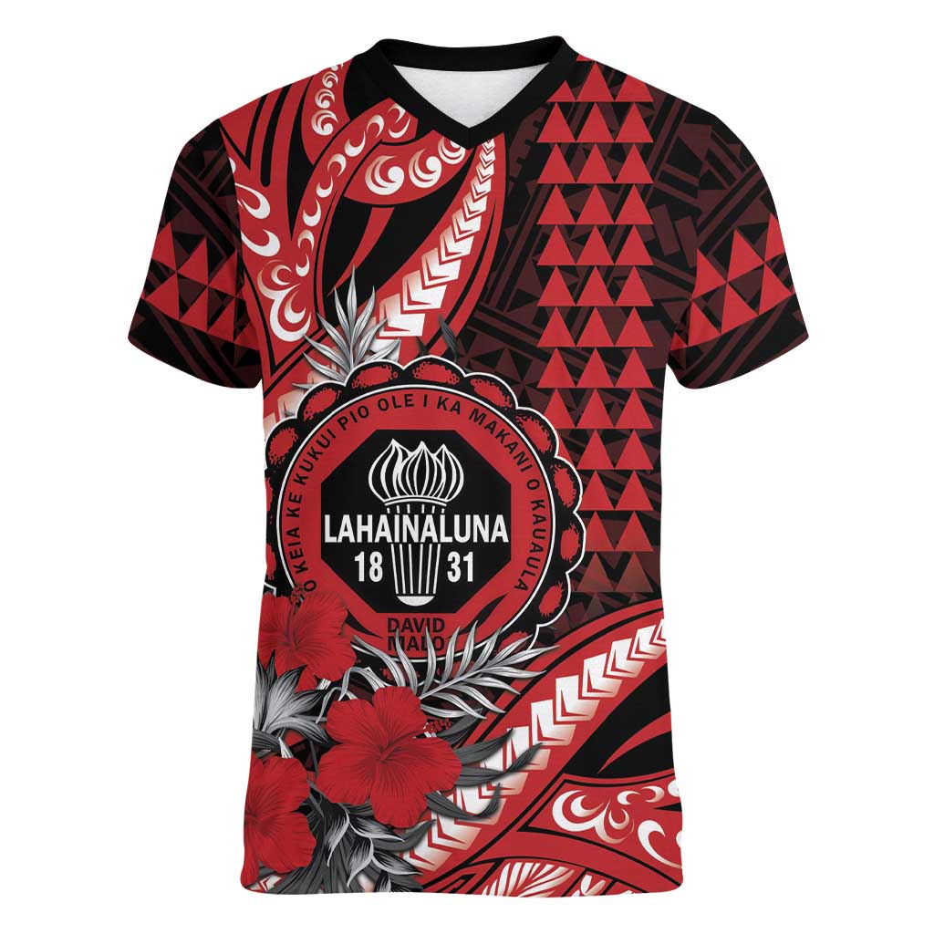 Personalized Hawaii Lahainaluna High School Women V-Neck T-Shirt Tribal Tattoo With Hibiscus Flowers