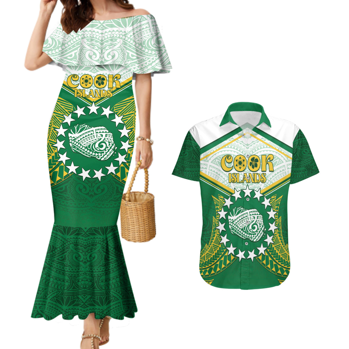 Personalised Cook Islands Ra o te Ui Ariki Couples Matching Mermaid Dress and Hawaiian Shirt Polynesian Pattern