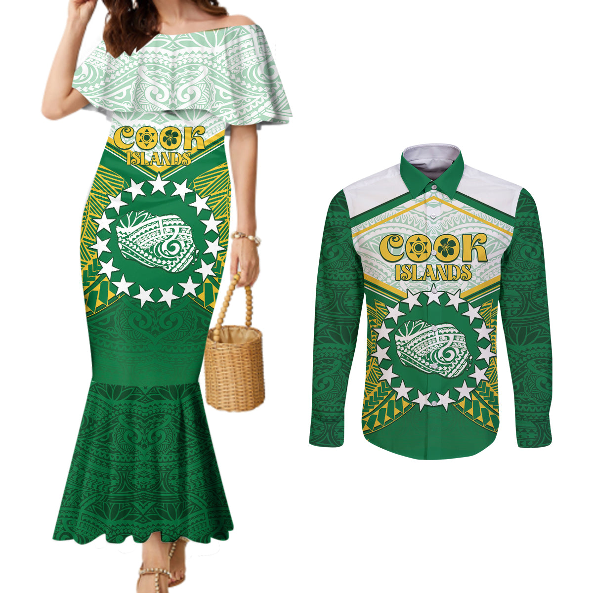 Personalised Cook Islands Ra o te Ui Ariki Couples Matching Mermaid Dress and Long Sleeve Button Shirt Polynesian Pattern