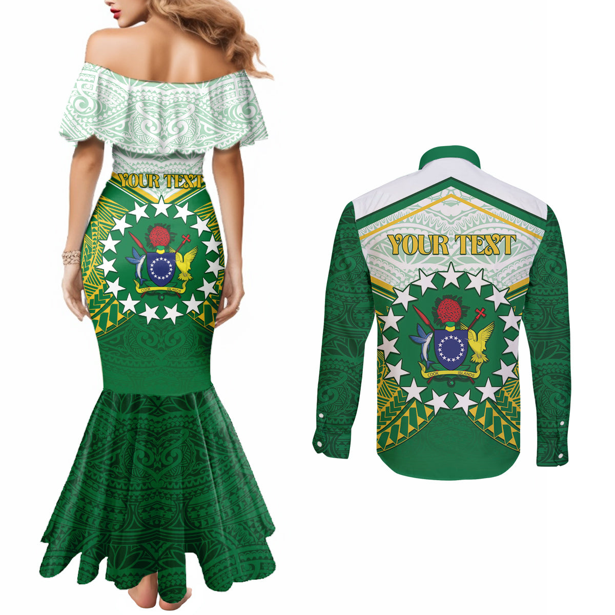 Personalised Cook Islands Ra o te Ui Ariki Couples Matching Mermaid Dress and Long Sleeve Button Shirt Polynesian Pattern
