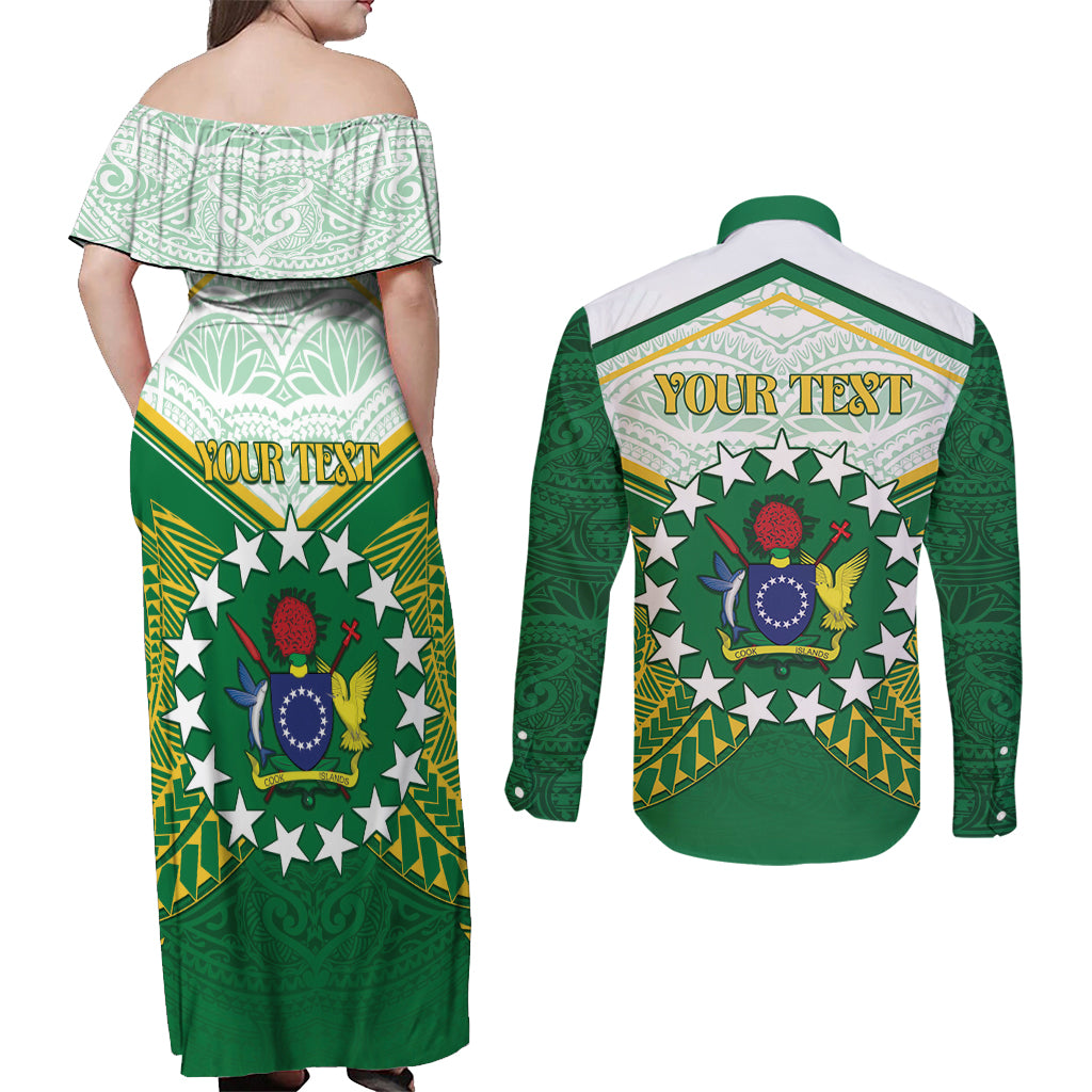 Personalised Cook Islands Ra o te Ui Ariki Couples Matching Off Shoulder Maxi Dress and Long Sleeve Button Shirt Polynesian Pattern
