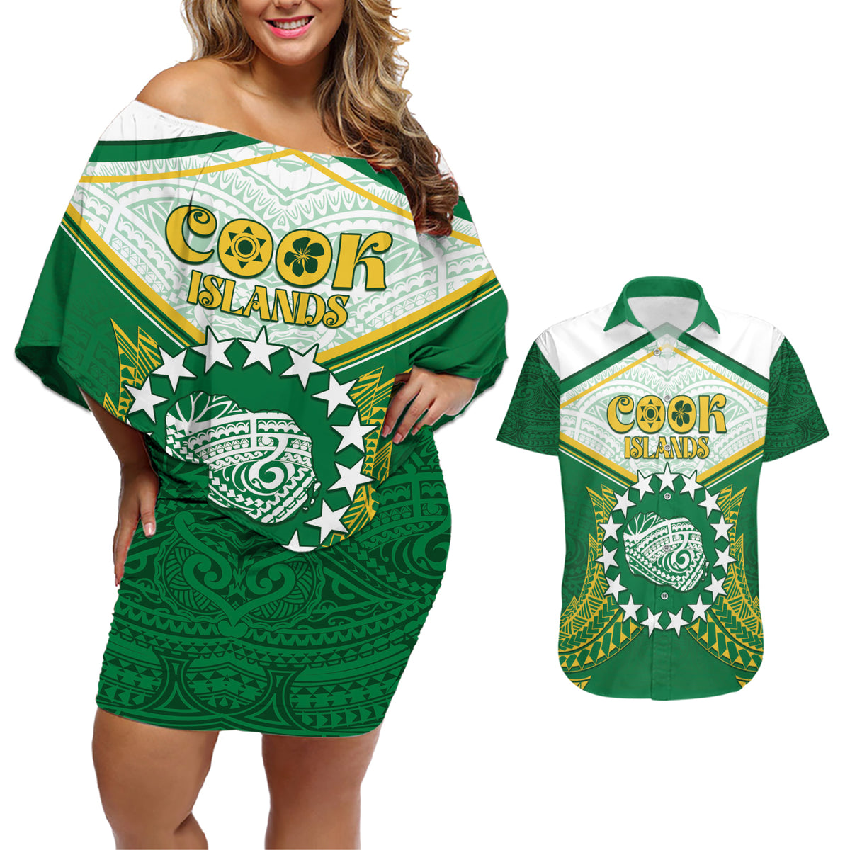 Personalised Cook Islands Ra o te Ui Ariki Couples Matching Off Shoulder Short Dress and Hawaiian Shirt Polynesian Pattern