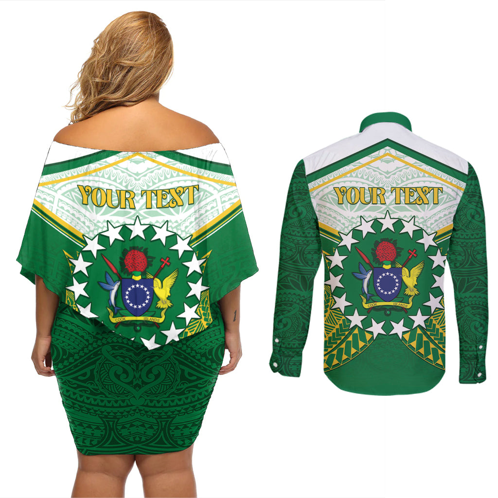 Personalised Cook Islands Ra o te Ui Ariki Couples Matching Off Shoulder Short Dress and Long Sleeve Button Shirt Polynesian Pattern