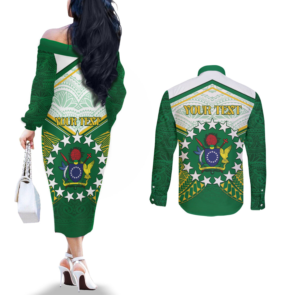Personalised Cook Islands Ra o te Ui Ariki Couples Matching Off The Shoulder Long Sleeve Dress and Long Sleeve Button Shirt Polynesian Pattern