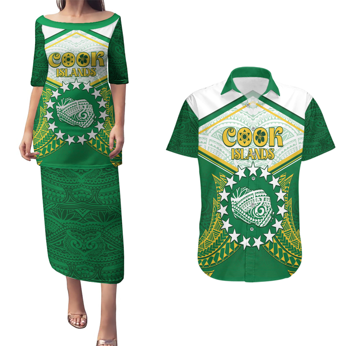 Personalised Cook Islands Ra o te Ui Ariki Couples Matching Puletasi and Hawaiian Shirt Polynesian Pattern