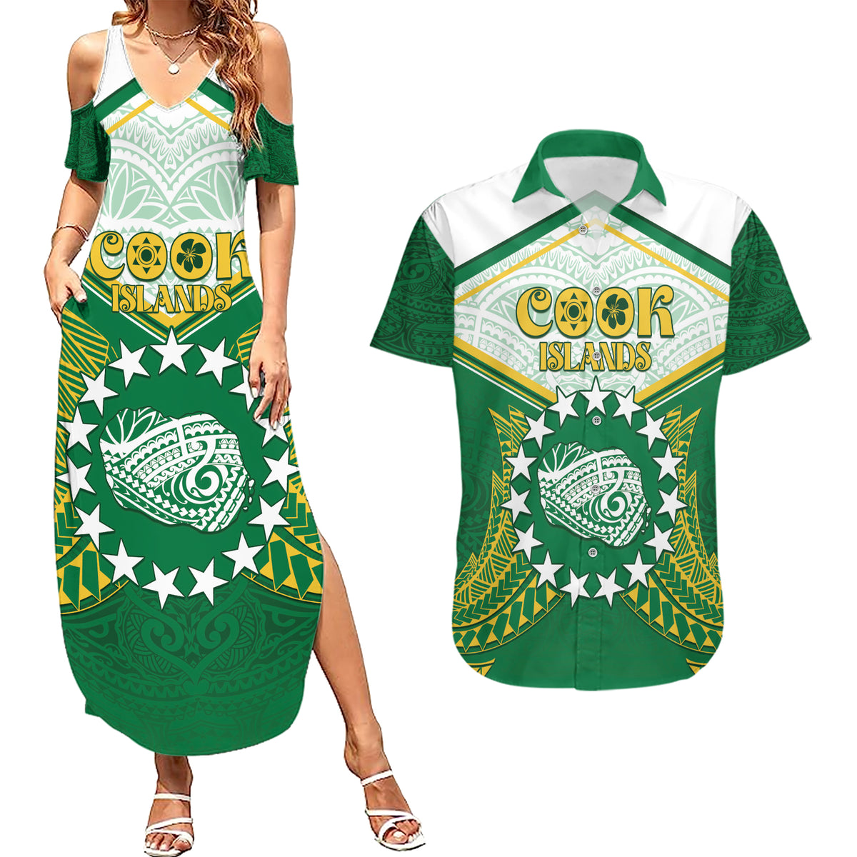 Personalised Cook Islands Ra o te Ui Ariki Couples Matching Summer Maxi Dress and Hawaiian Shirt Polynesian Pattern